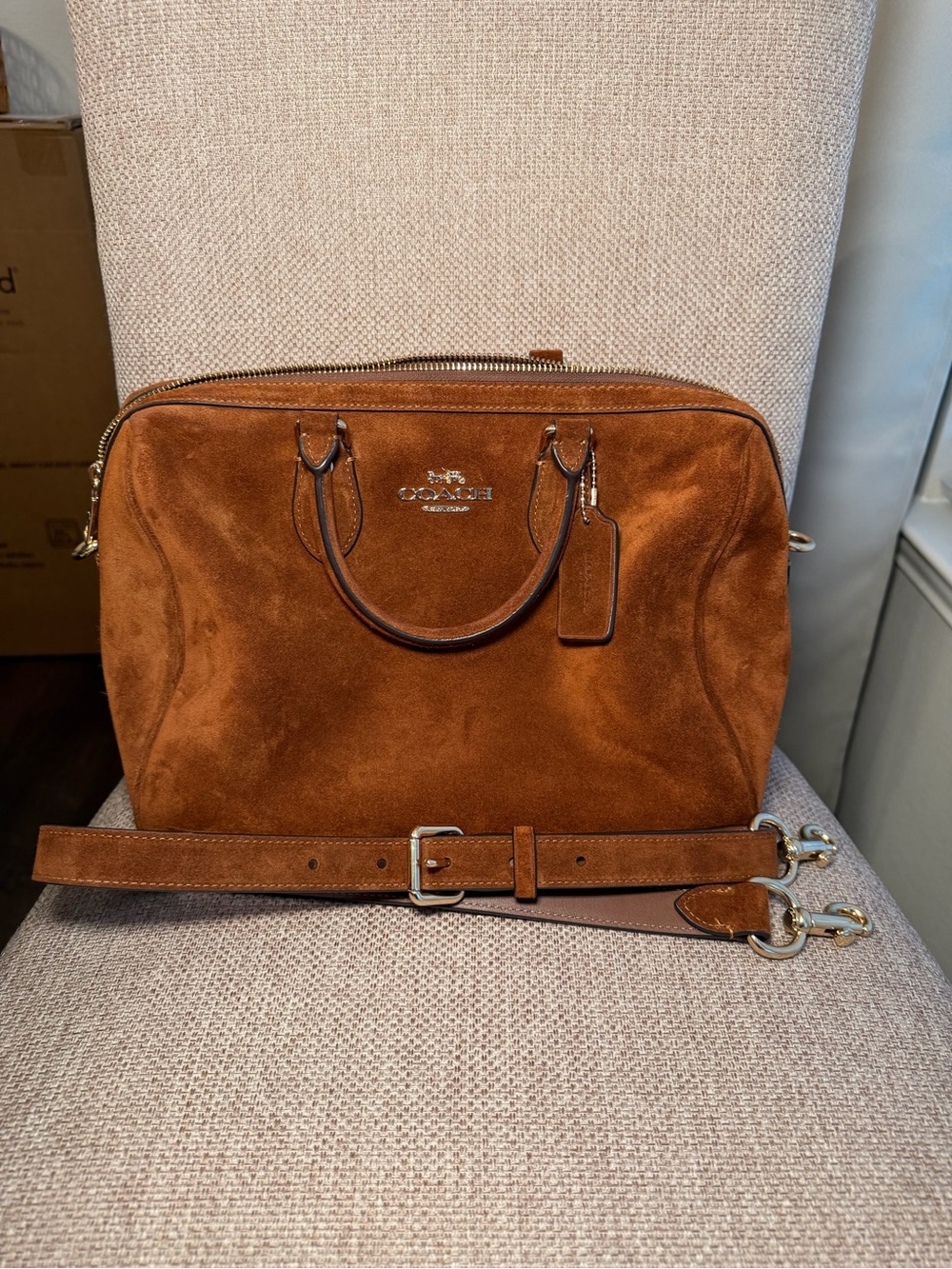 COACH large Rowan Suede Satchel in Chestnut Brown